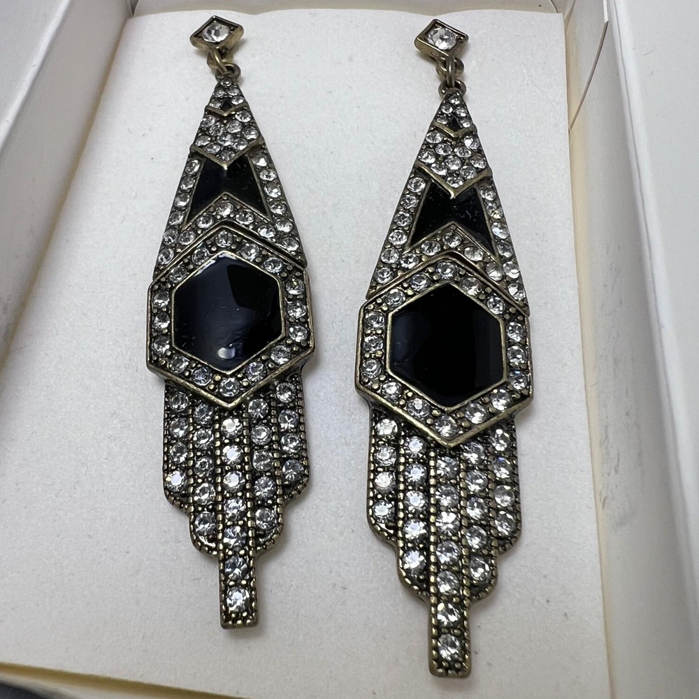 Art Deco Style Black Enamel Crystal Geometric Drop Earrings Gold Tone Jointed